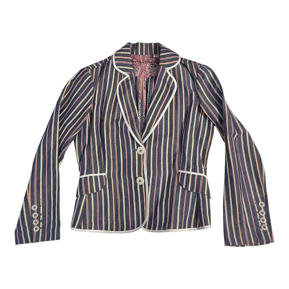 Robert Graham Blazer Jacket Womens S Petite Blue Striped Cotton Linen Tailored